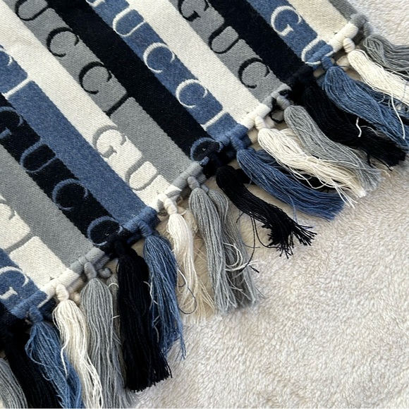 Authentic Gucci Unisex Striped & Signature Wool Scarf Blue Gray White - Picture 9 of 11